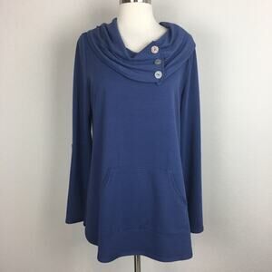 Soft Surroundings Blue Button Cowl Neck Kangaroo Pocket Knit  Top Medium